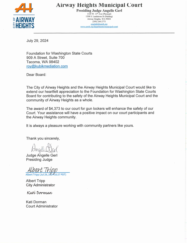 Thank you letter from Airway Heights Courthouse.